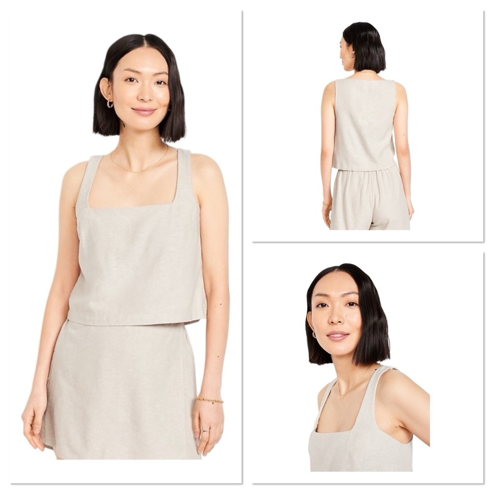 Old Navy‎ Cropped Square Neck Linen-Blend Tank Top Small Neutral Tan Minimalist